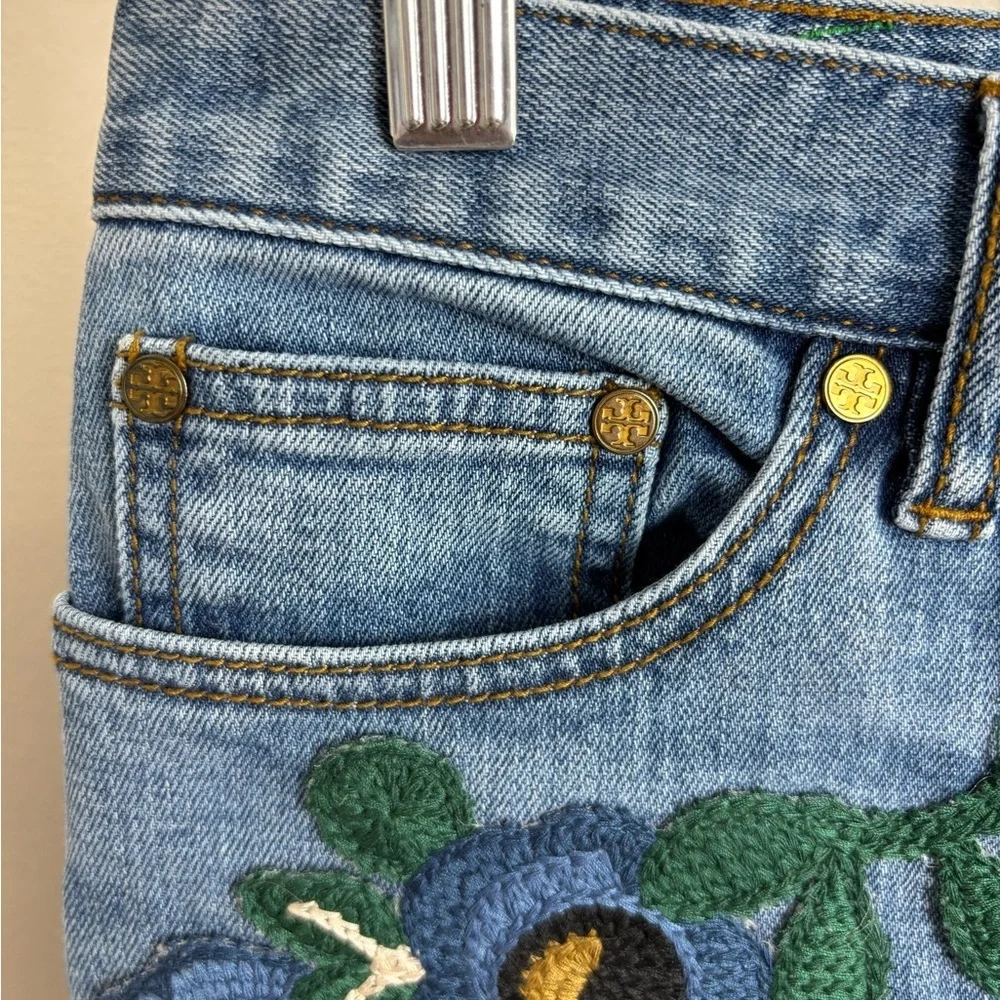Tory Burch Blue Denim Mini Skirt with Embroidery Size 6